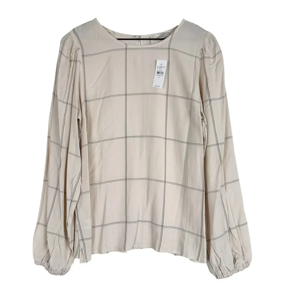 New LOFT Windowpane Beige Blouse Puff Sleeves Top - M